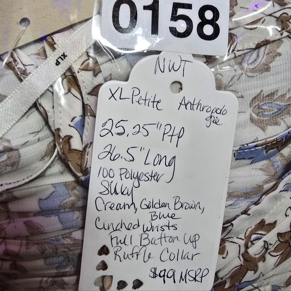 #0158 XLPetite NWT ANTHROPOLOGIE Button Down 1/2 Smock Wrists, Ruffle Collar - Picture 16 of 16